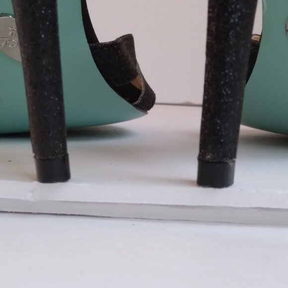 Black Suede Silver Glitter Peep Toe Cut Out Stiletto Heel TStrap Sandals Sz 9.5 - Picture 11 of 13